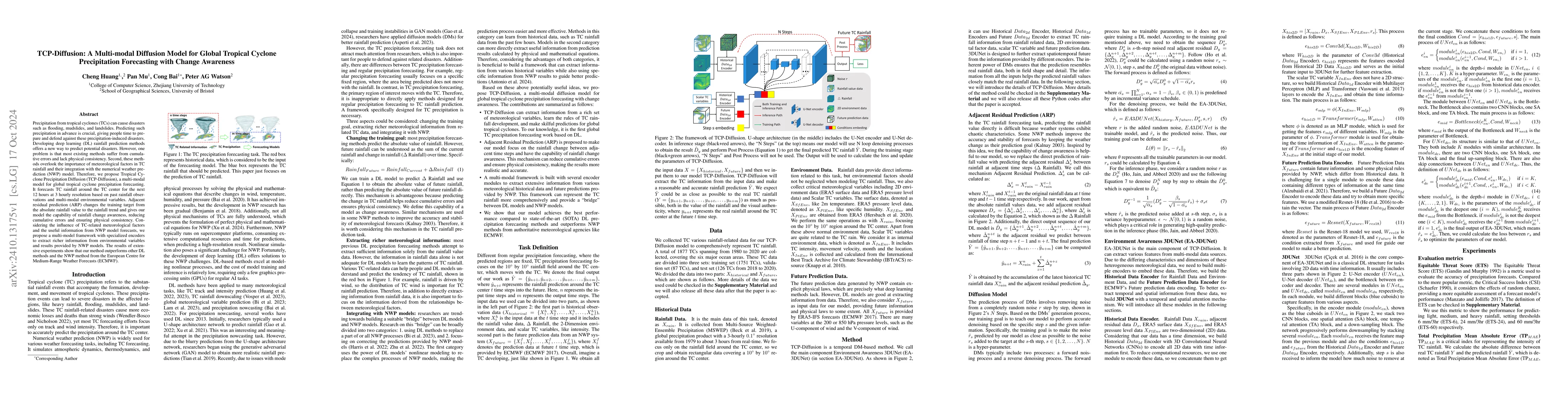 Thumbnail for TCP-Diffusion: A Multi-modal Diffusion Model for Global Tropical Cyclone
  Precipitation Forecasting with Change Awareness