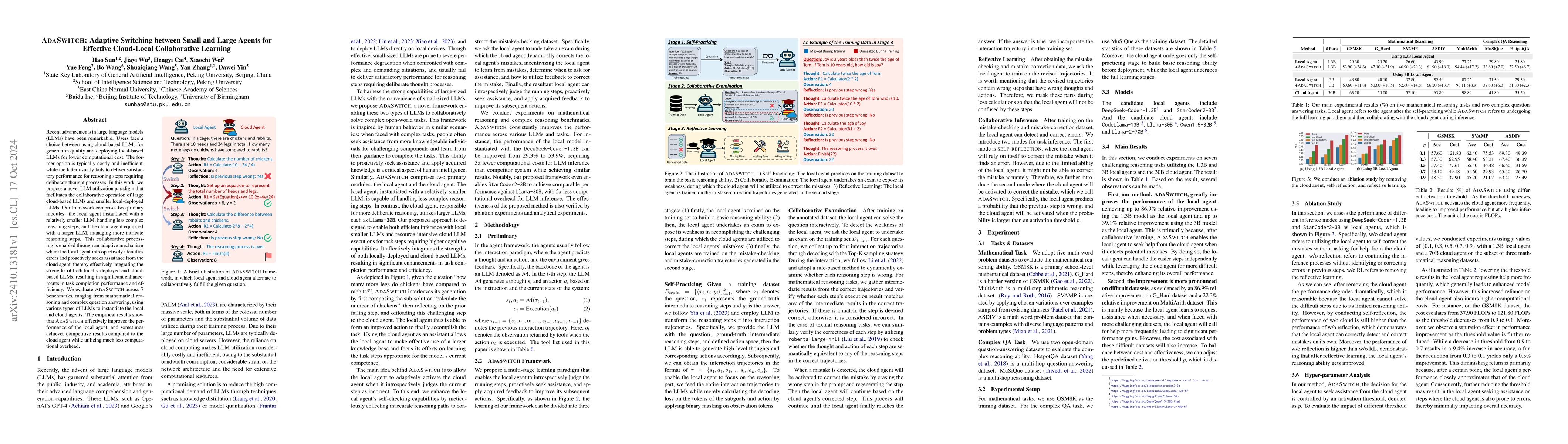 Thumbnail for AdaSwitch: Adaptive Switching between Small and Large Agents for
  Effective Cloud-Local Collaborative Learning