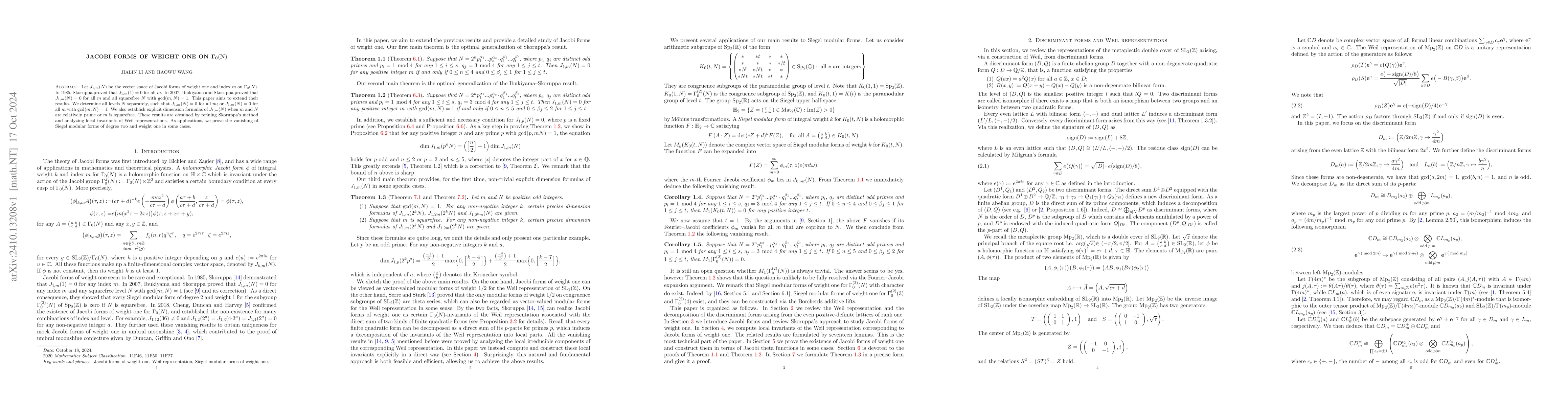 Thumbnail for Jacobi forms of weight one on $Γ_0(N)$