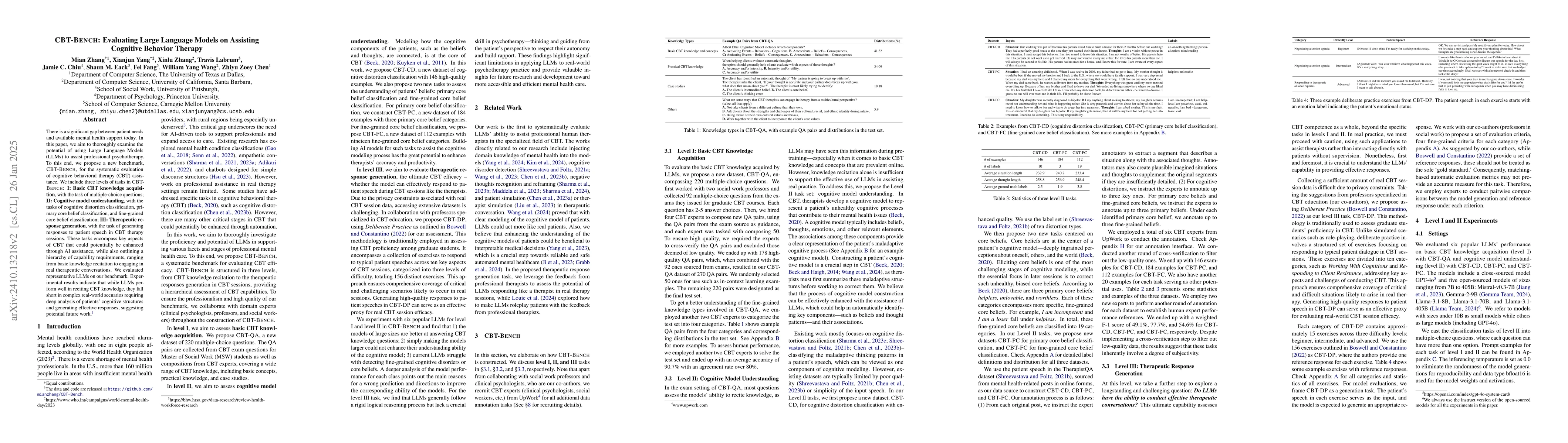 Thumbnail for CBT-Bench: Evaluating Large Language Models on Assisting Cognitive
  Behavior Therapy