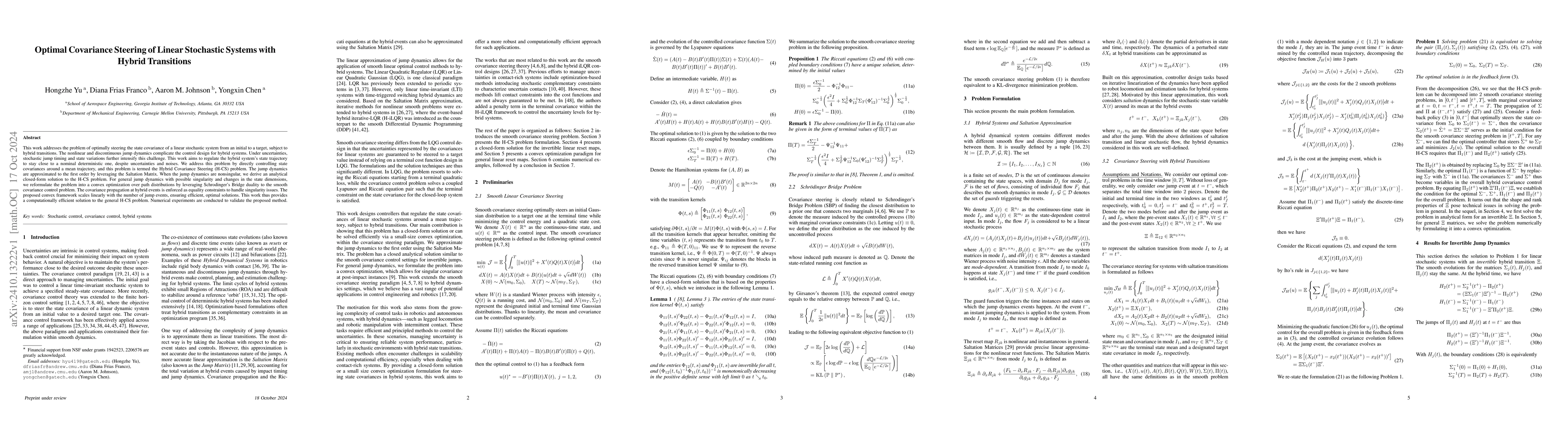 Thumbnail for Optimal Covariance Steering of Linear Stochastic Systems with Hybrid
  Transitions