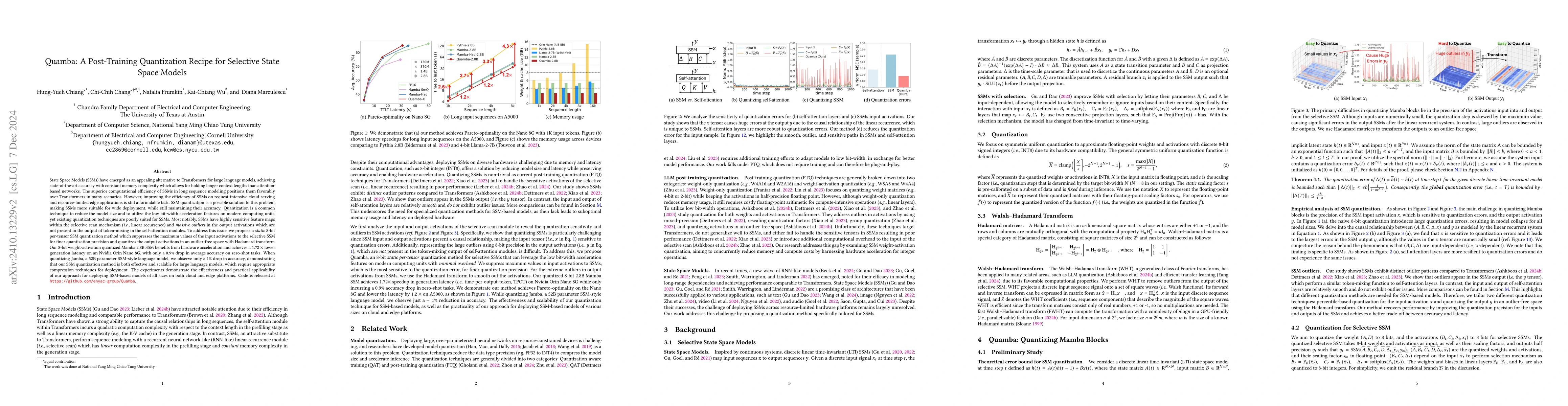 Thumbnail for Quamba: A Post-Training Quantization Recipe for Selective State Space
  Models