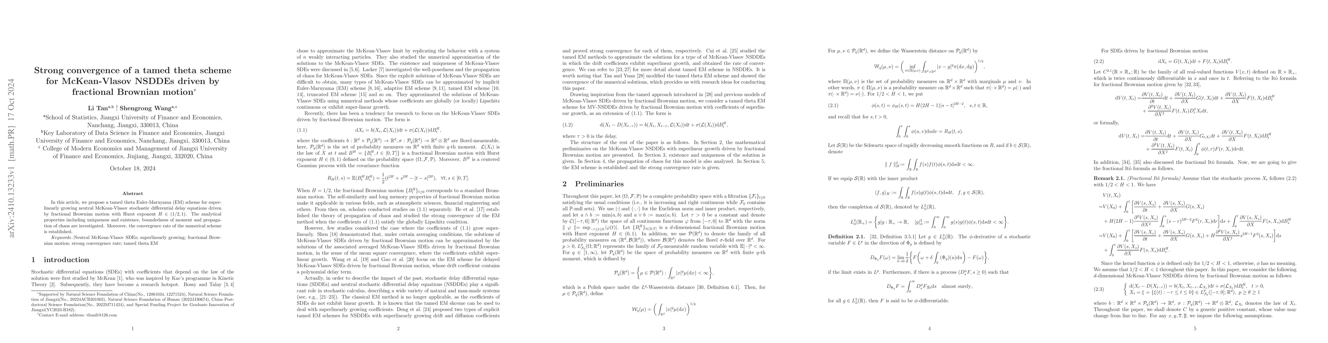 Thumbnail for Strong convergence of a tamed theta scheme for McKean-Vlasov NSDDEs
  driven by fractional Brownian motion