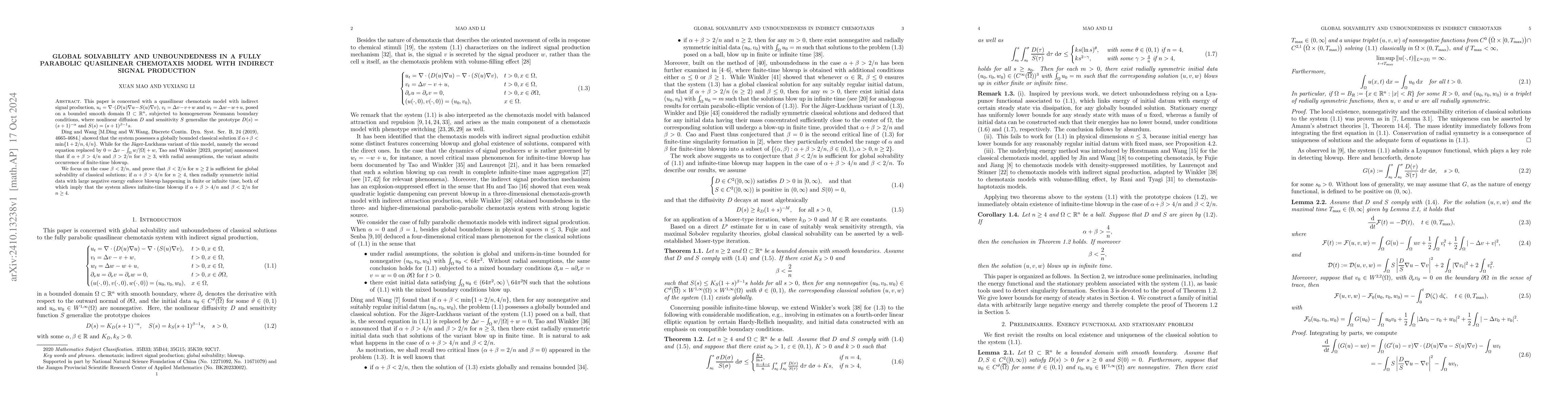 Thumbnail for Global solvability and unboundedness in a fully parabolic quasilinear
  chemotaxis model with indirect signal production