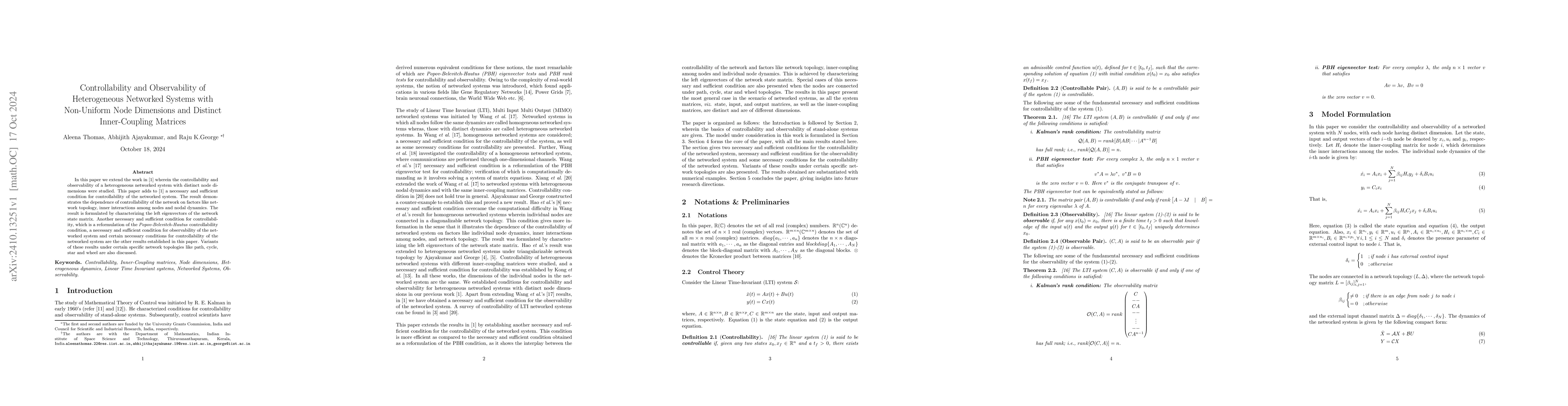 Thumbnail for Controllability and Observability of Heterogeneous Networked Systems
  with Non-uniform Node Dimensions and Distinct Inner-Coupling Matrices