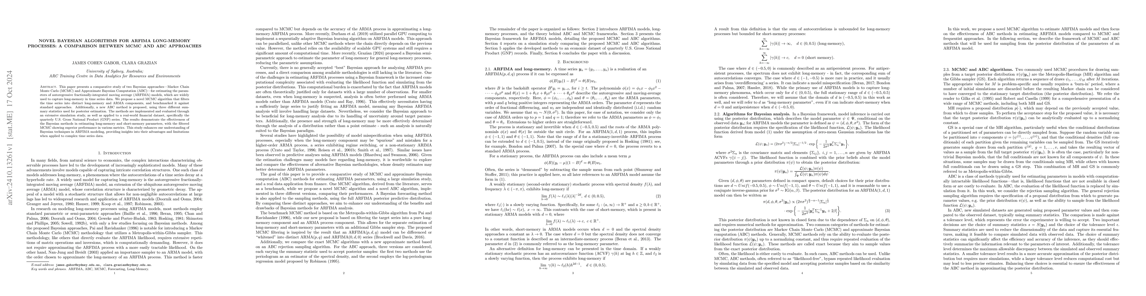Thumbnail for Novel Bayesian algorithms for ARFIMA long-memory processes: a comparison
  between MCMC and ABC approaches