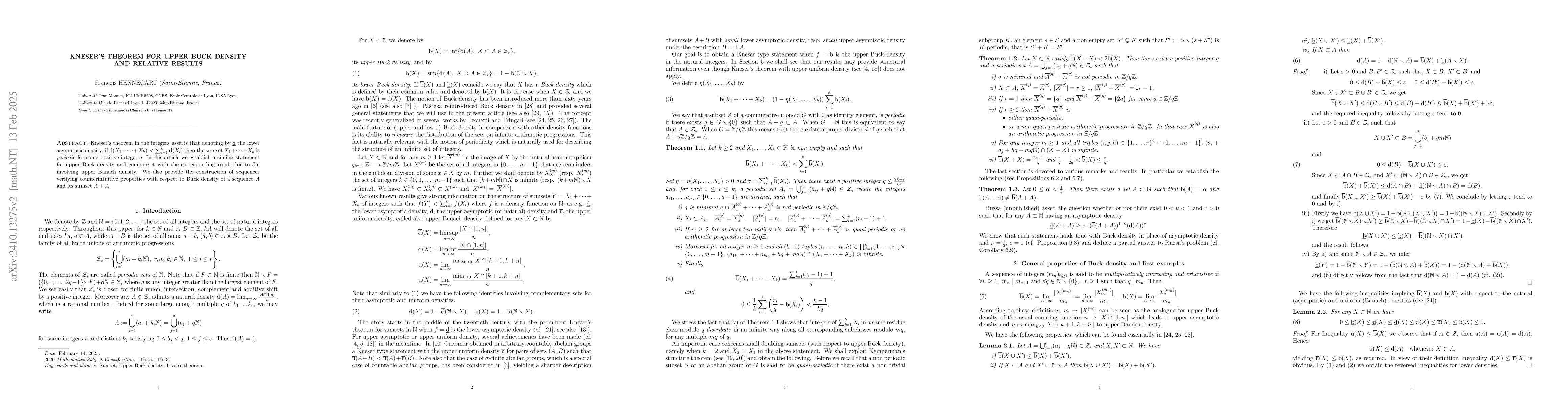 Thumbnail for Kneser's theorem for upper Buck density and relative results