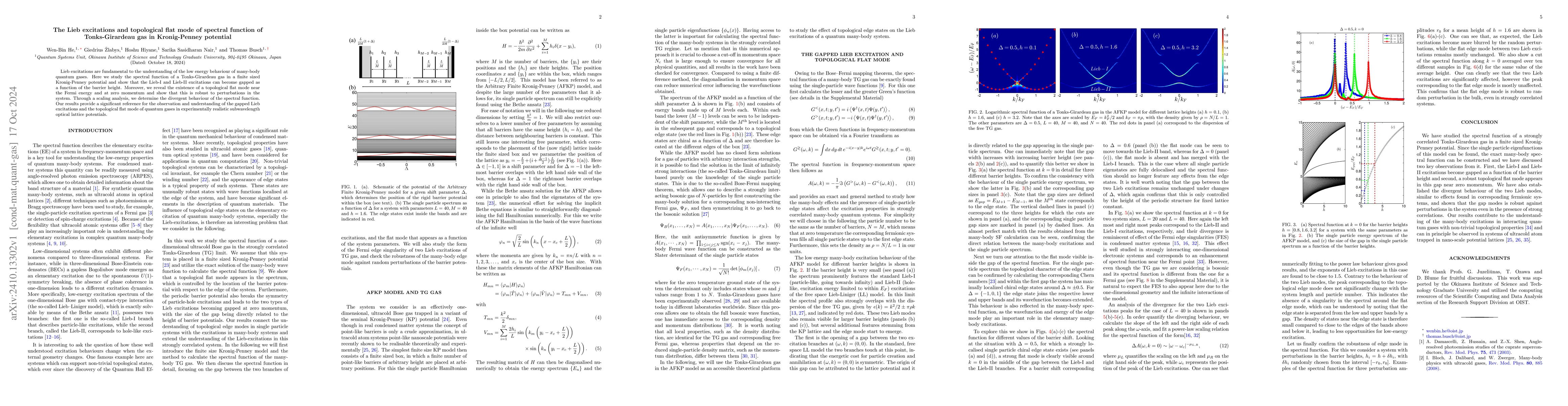 Thumbnail for The Lieb excitations and topological flat mode of spectral function of
  Tonks-Girardeau gas in Kronig-Penney potential