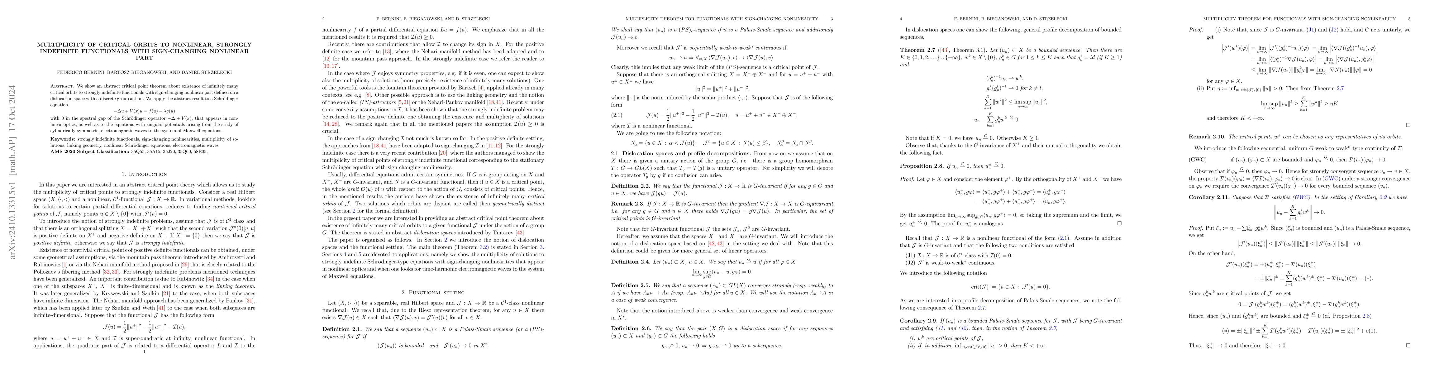 Thumbnail for Multiplicity of critical orbits to nonlinear, strongly indefinite
  functionals with sign-changing nonlinear part