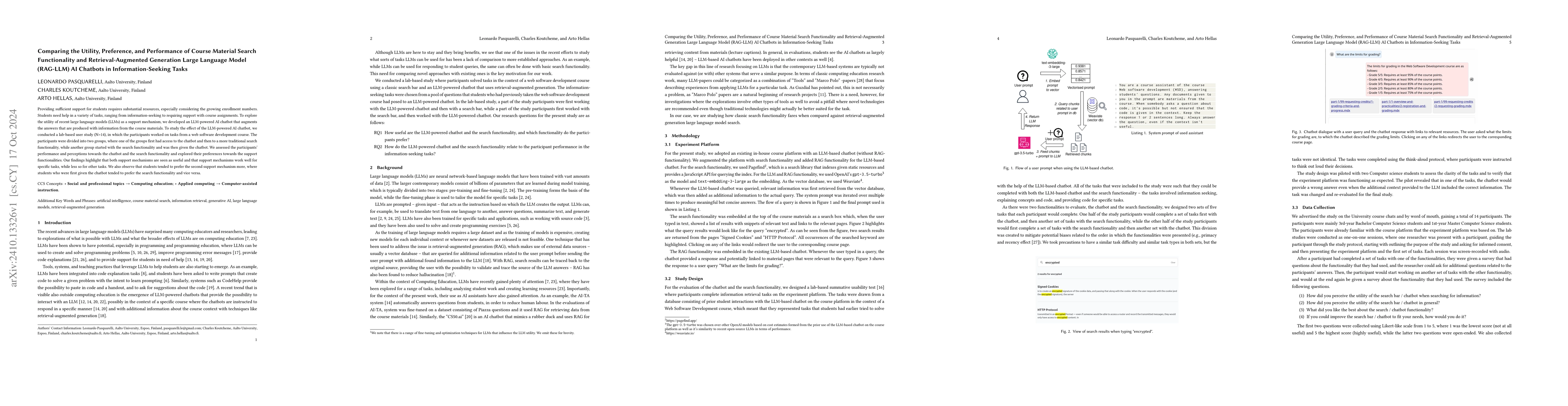Thumbnail for Comparing the Utility, Preference, and Performance of Course Material
  Search Functionality and Retrieval-Augmented Generation Large Language Model
  (RAG-LLM) AI Chatbots in Information-Seeking Tasks