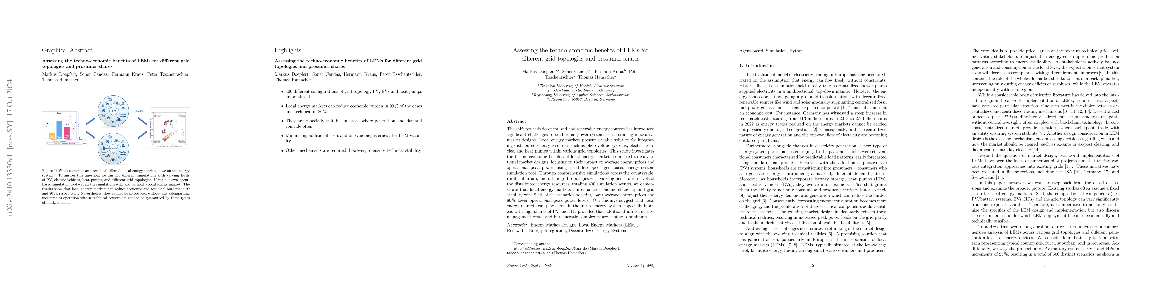 Thumbnail for Assessing the techno-economic benefits of LEMs for different grid
  topologies and prosumer shares