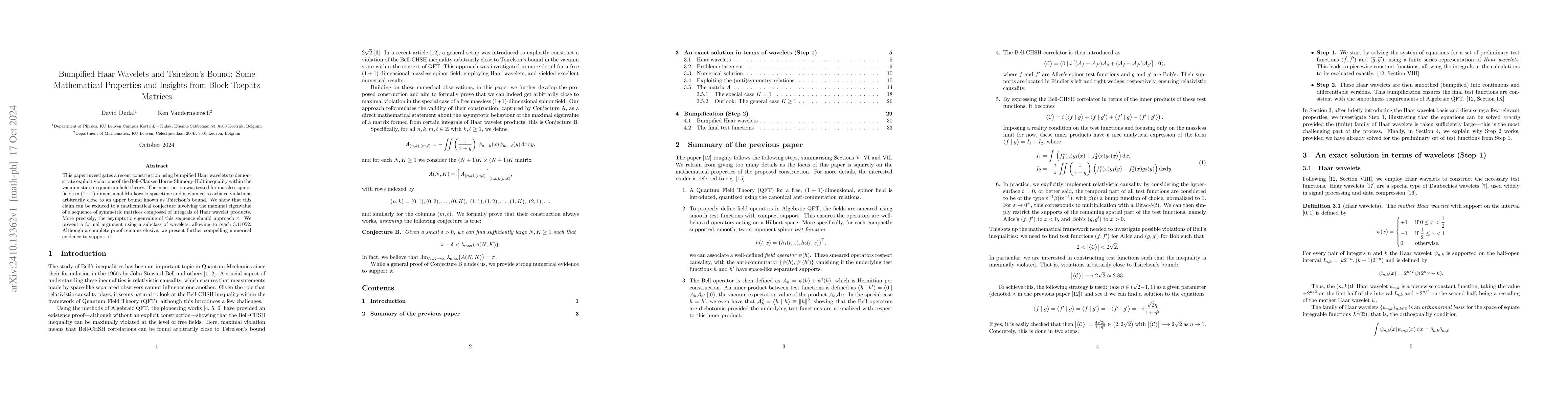 Thumbnail for Bumpified Haar Wavelets and Tsirelson's Bound: Some Mathematical
  Properties and Insights from Block Toeplitz Matrices