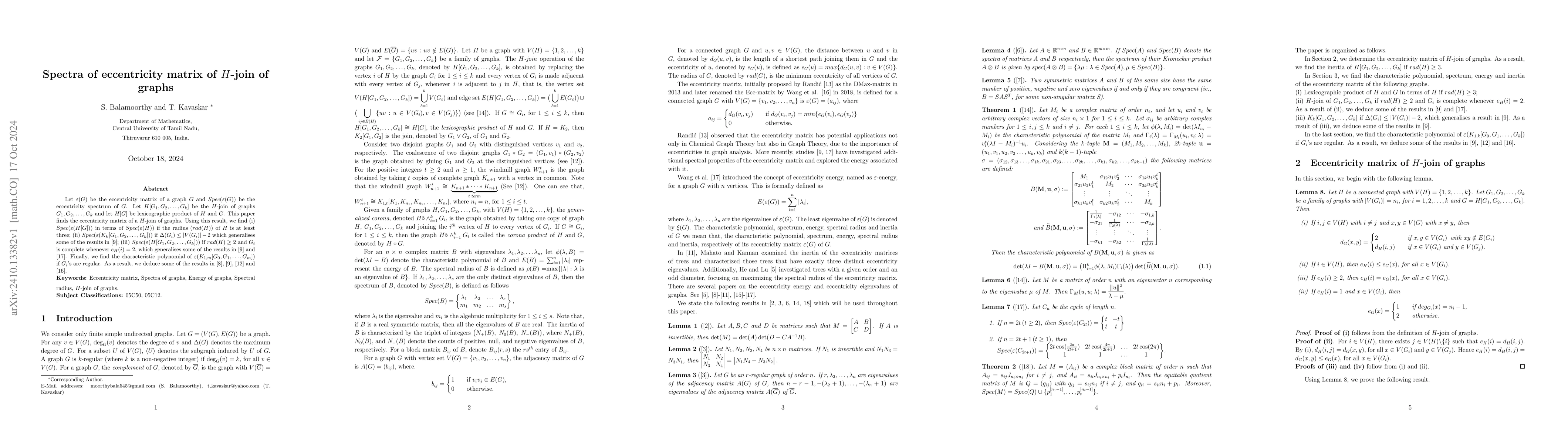Thumbnail for Spectra of eccentricity matrix of $H$-join of graphs