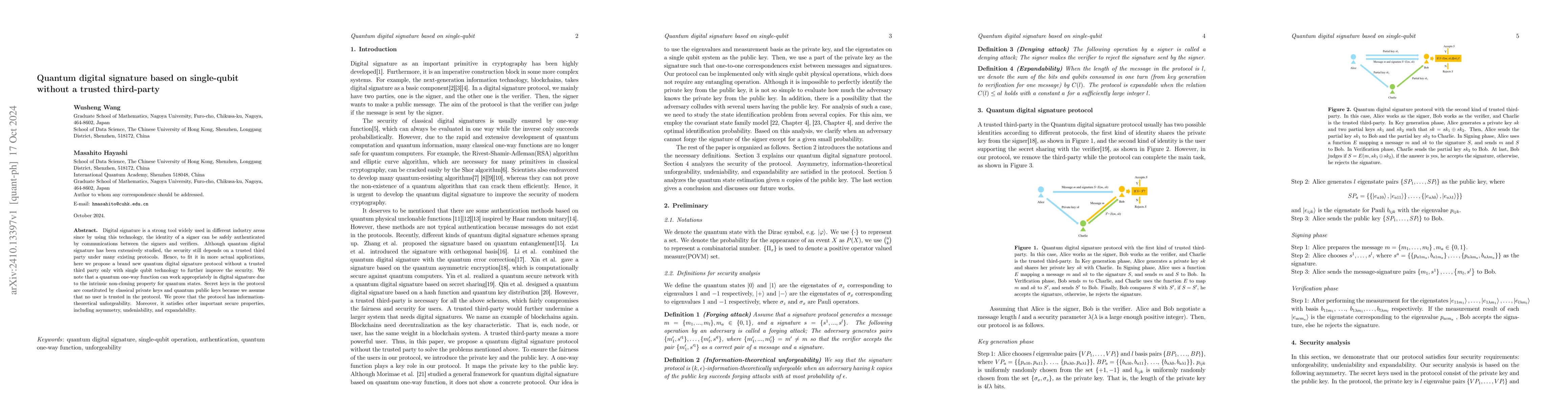 Thumbnail for Quantum digital signature based on single-qubit without a trusted
  third-party