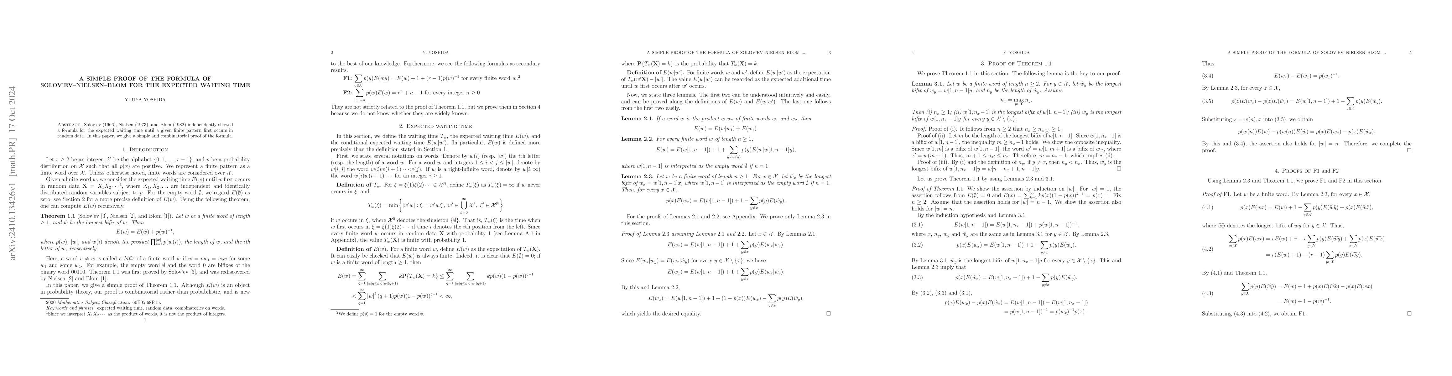 Thumbnail for A simple proof of the formula of Solov'ev--Nielsen--Blom for the
  expected waiting time