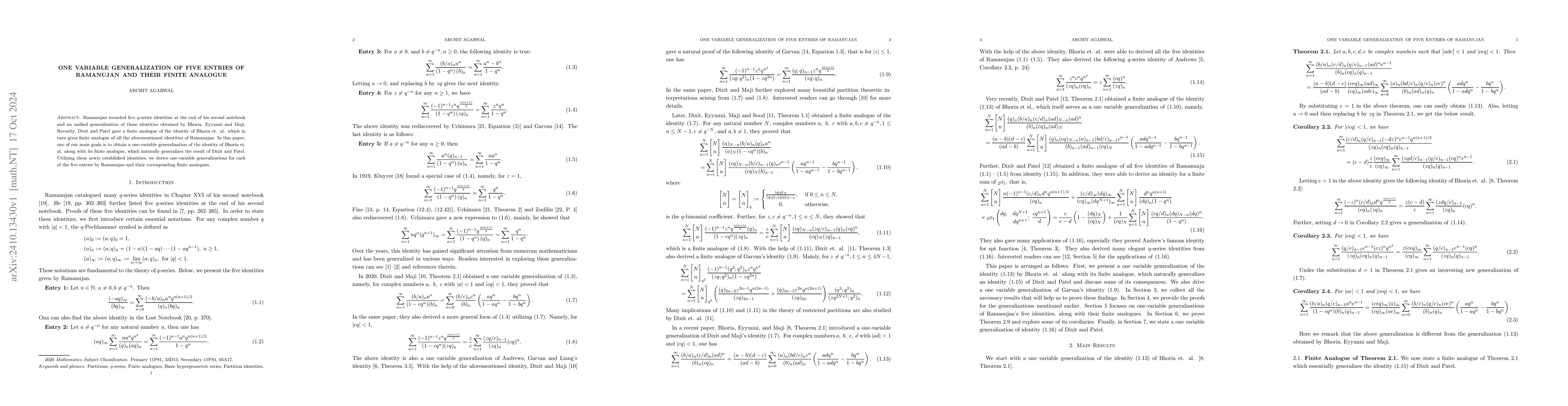 Thumbnail for One variable Generalization of five entries of Ramanujan and their
  finite analogue