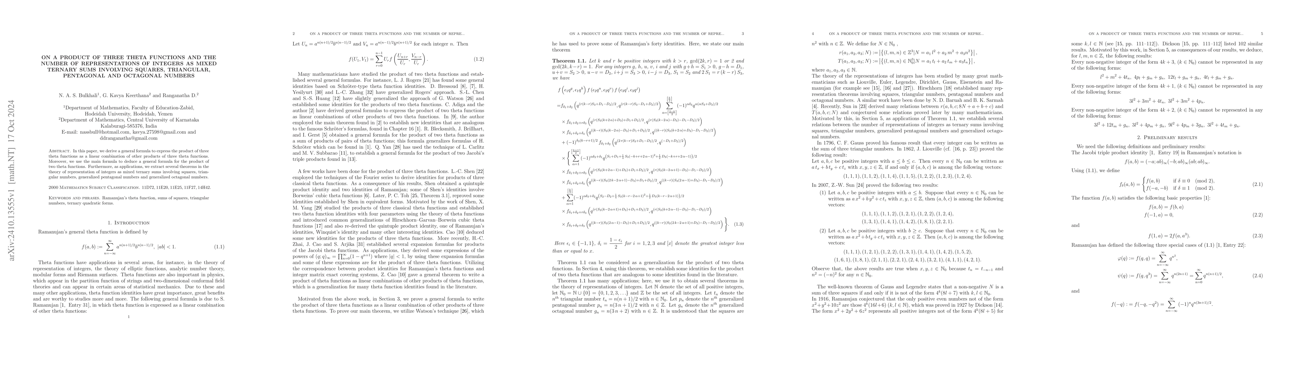 Thumbnail for On a product of three theta functions and the number of representations
  of integers as mixed ternary sums involving squares, triangular, pentagonal
  and octagonal numbers