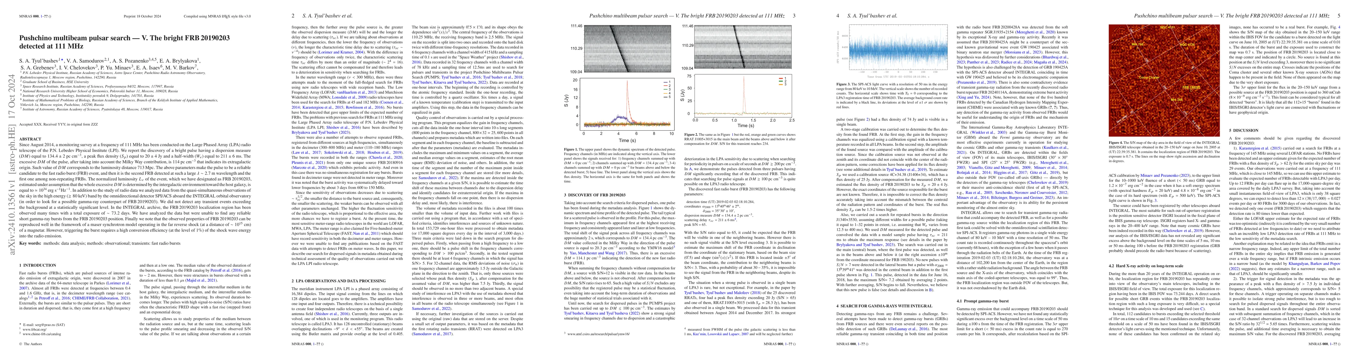 Thumbnail for Pushchino multibeam pulsar search -- V. The bright FRB 20190203 detected
  at 111 MHz