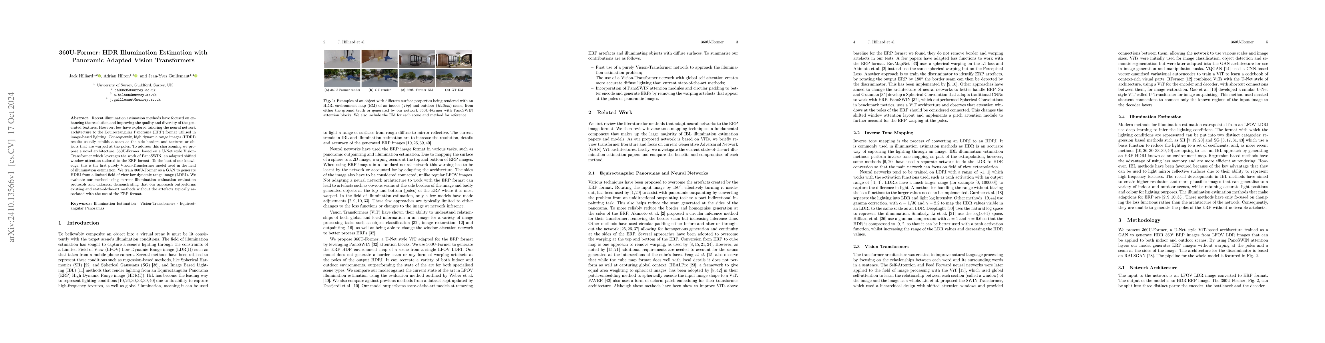 Thumbnail for 360U-Former: HDR Illumination Estimation with Panoramic Adapted Vision
  Transformers