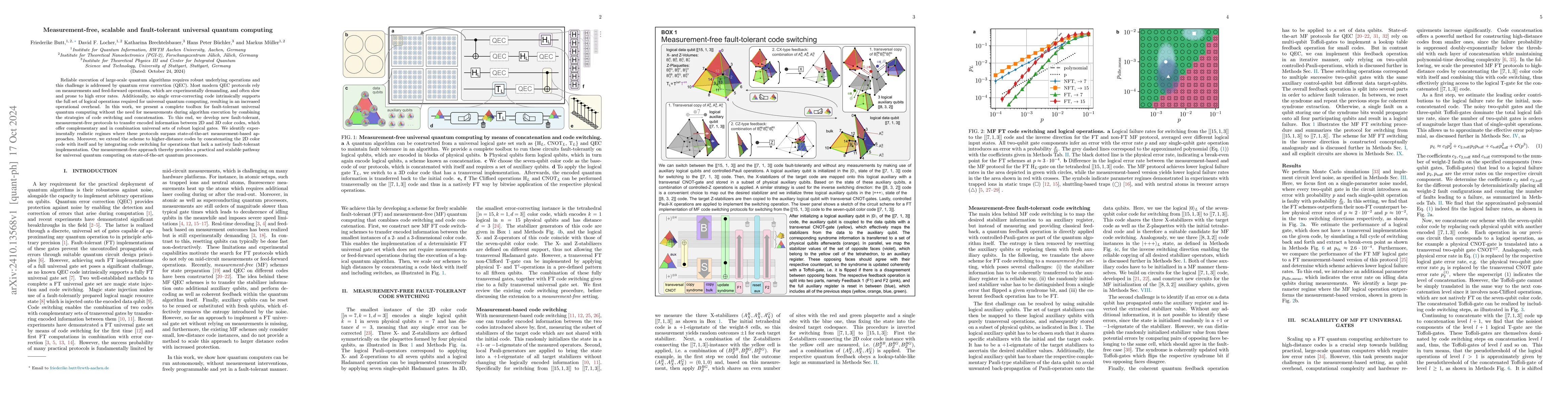 Thumbnail for Measurement-free, scalable and fault-tolerant universal quantum
  computing