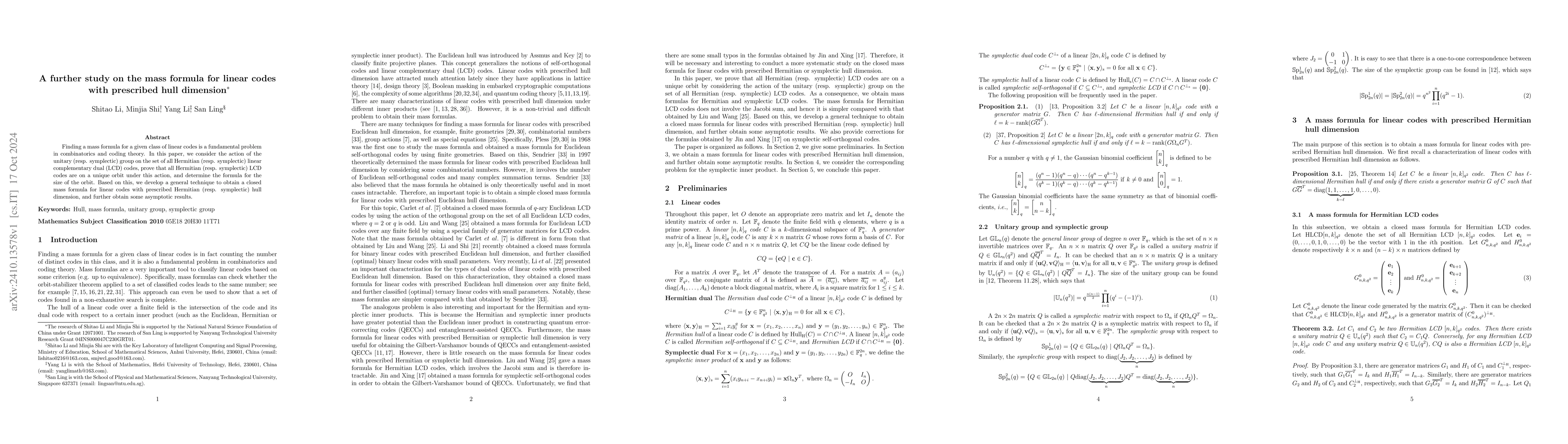 Thumbnail for A further study on the mass formula for linear codes with prescribed
  hull dimension