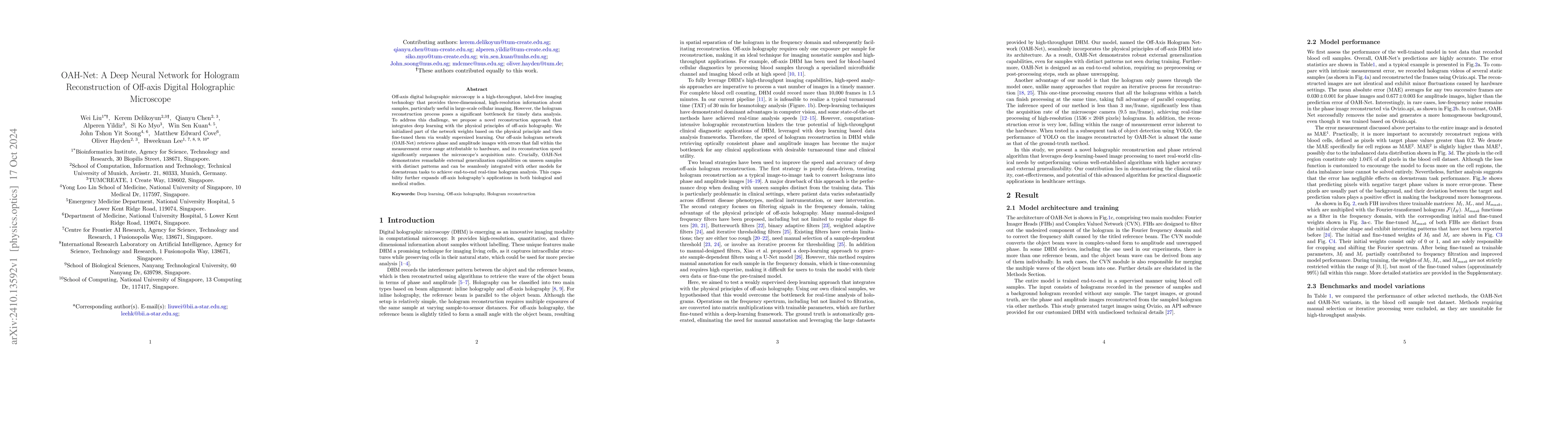 Thumbnail for OAH-Net: A Deep Neural Network for Hologram Reconstruction of Off-axis
  Digital Holographic Microscope