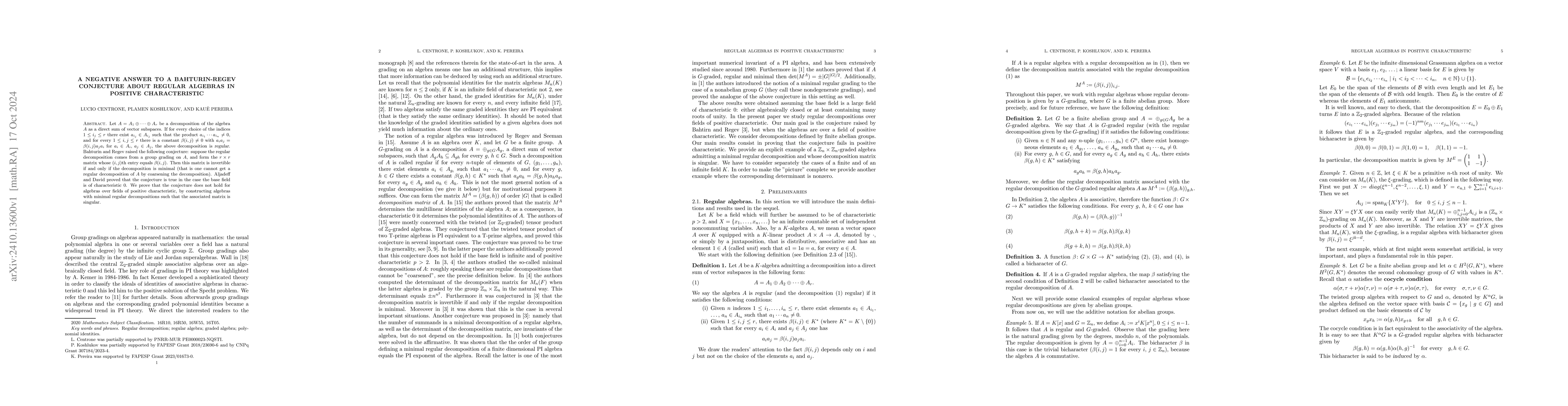 Thumbnail for A negative answer to a Bahturin-Regev conjecture about regular algebras
  in positive characteristic