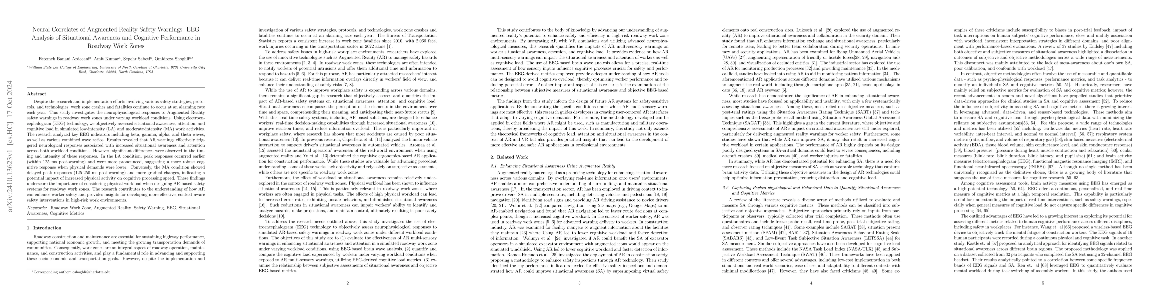 Thumbnail for Neural Correlates of Augmented Reality Safety Warnings: EEG Analysis of
  Situational Awareness and Cognitive Performance in Roadway Work Zones