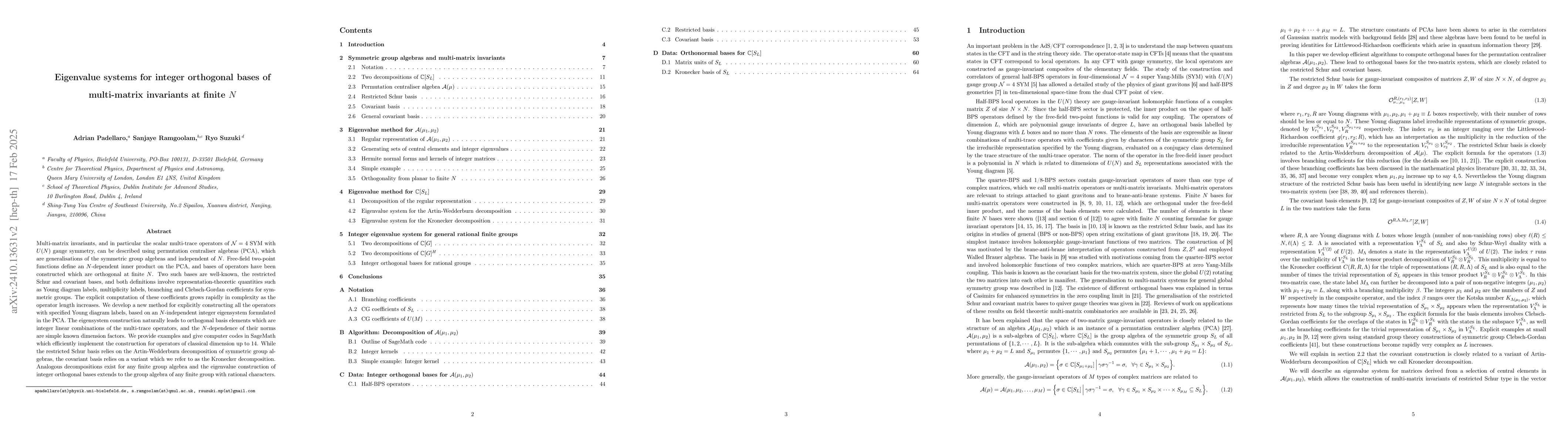 Thumbnail for Eigenvalue systems for integer orthogonal bases of multi-matrix
  invariants at finite N