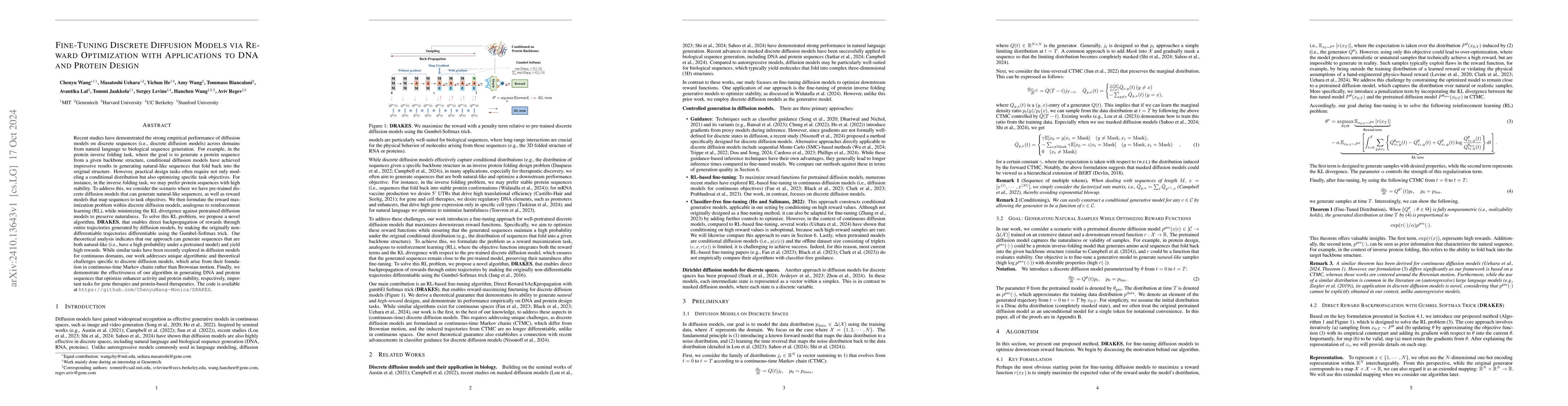 Thumbnail for Fine-Tuning Discrete Diffusion Models via Reward Optimization with
  Applications to DNA and Protein Design