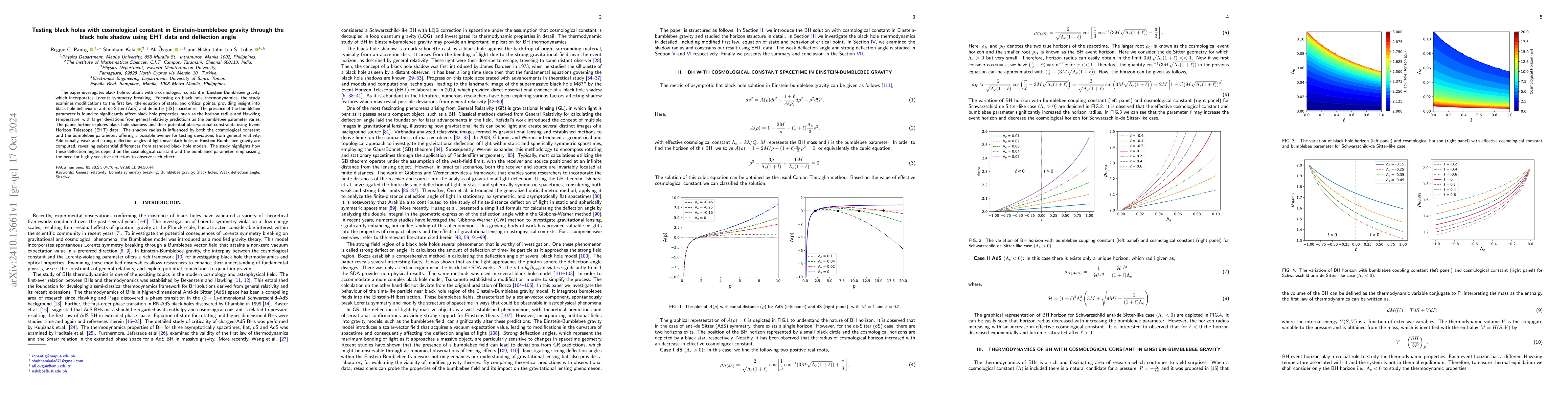 Thumbnail for Testing black holes with cosmological constant in Einstein-bumblebee
  gravity through the black hole shadow using EHT data and deflection angle