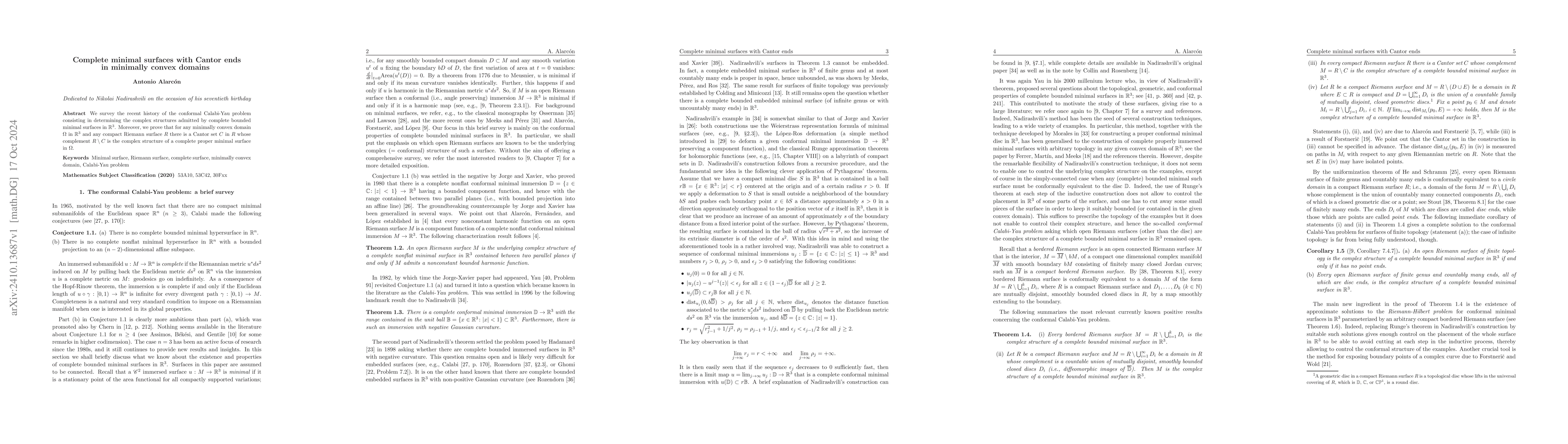Thumbnail for Complete minimal surfaces with Cantor ends in minimally convex domains