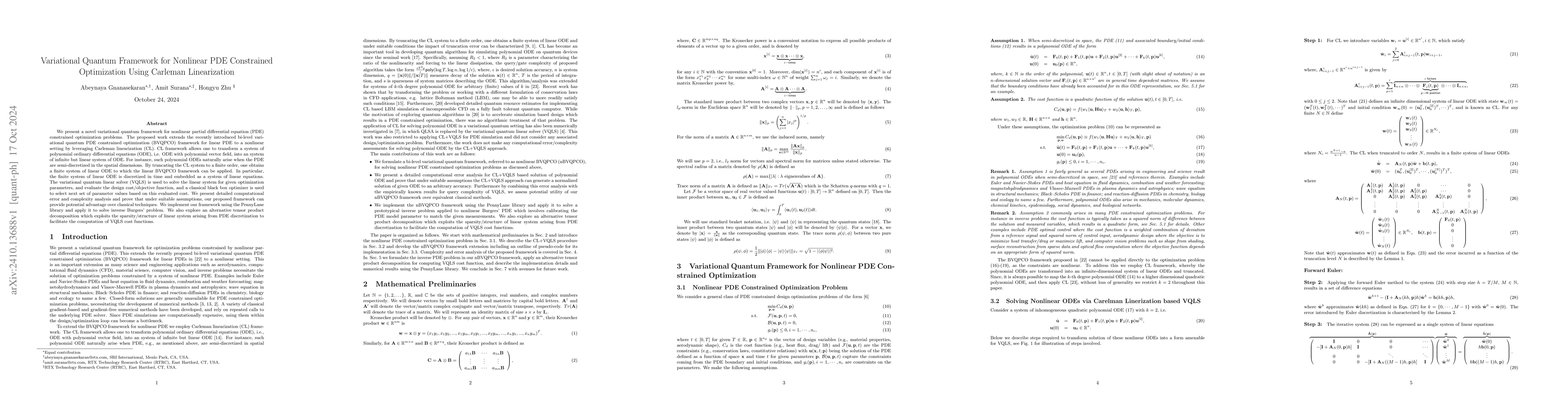 Thumbnail for Variational Quantum Framework for Nonlinear PDE Constrained Optimization
  Using Carleman Linearization