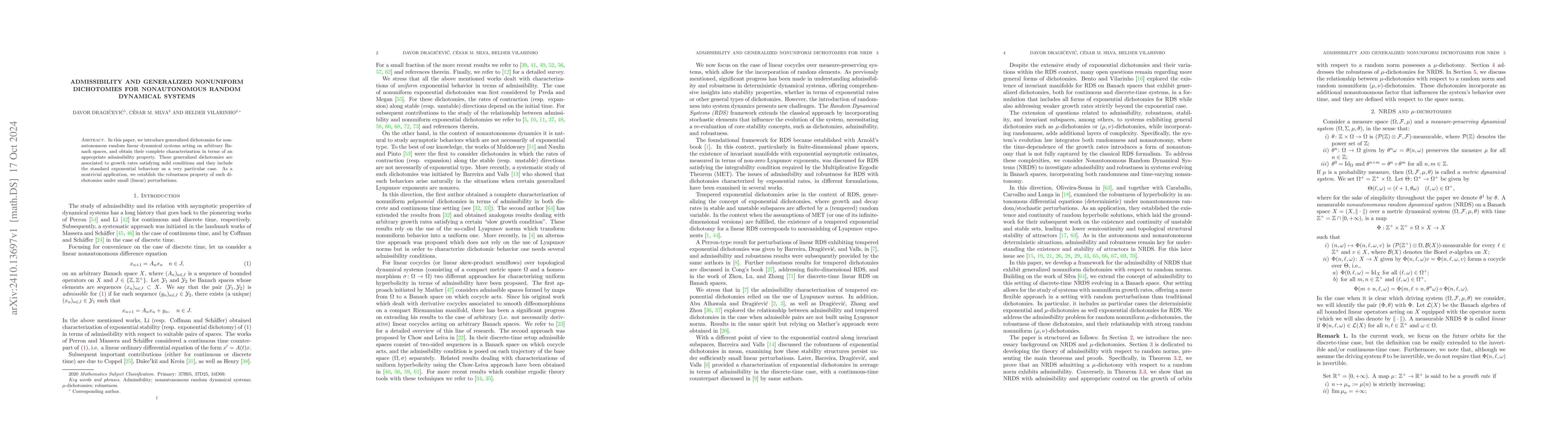Thumbnail for Admissibility and generalized nonuniform dichotomies for nonautonomous
  Random Dynamical Systems