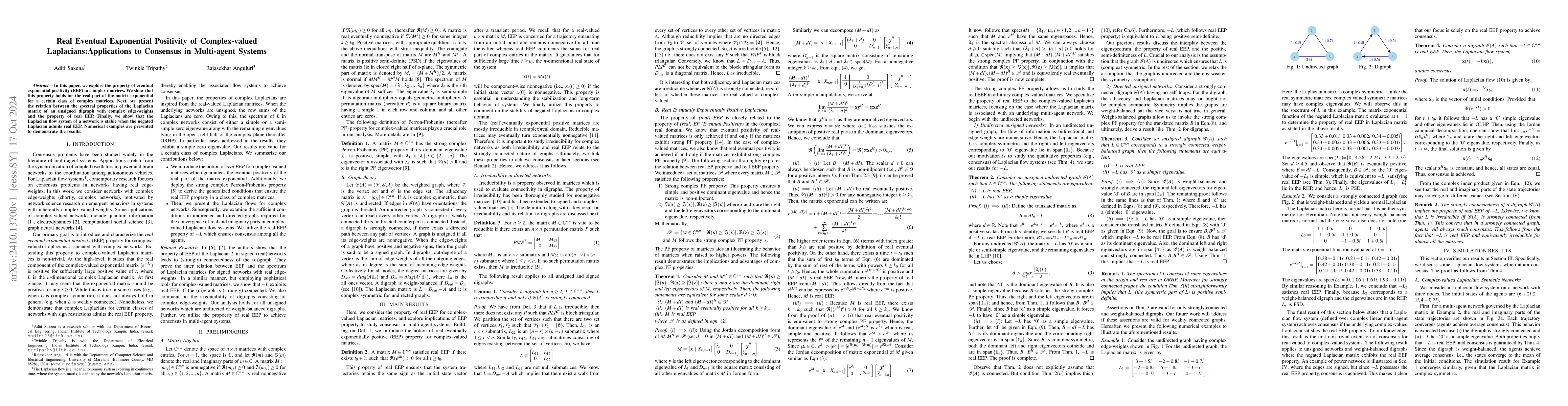 Thumbnail for Real Eventual Exponential Positivity of Complex-valued Laplacians:
  Applications to Consensus in Multi-agent Systems