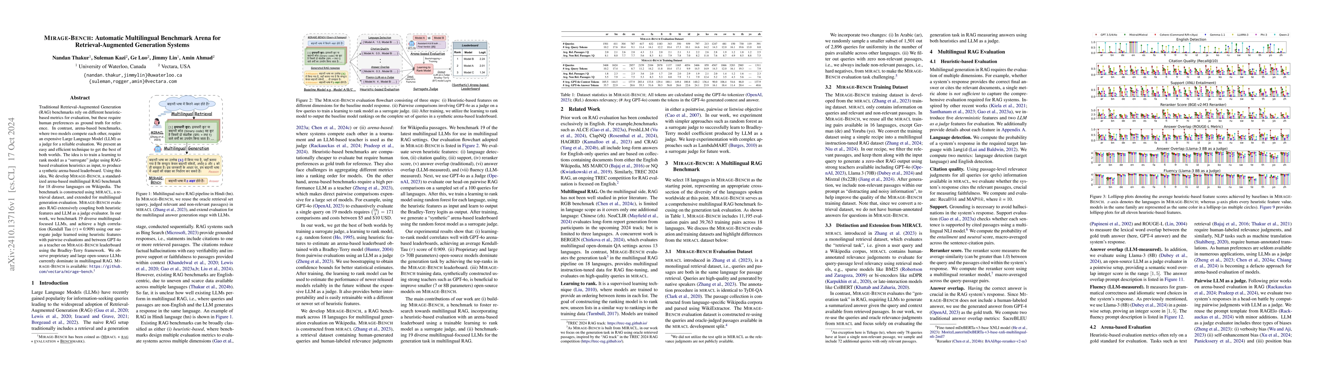 Thumbnail for MIRAGE-Bench: Automatic Multilingual Benchmark Arena for
  Retrieval-Augmented Generation Systems