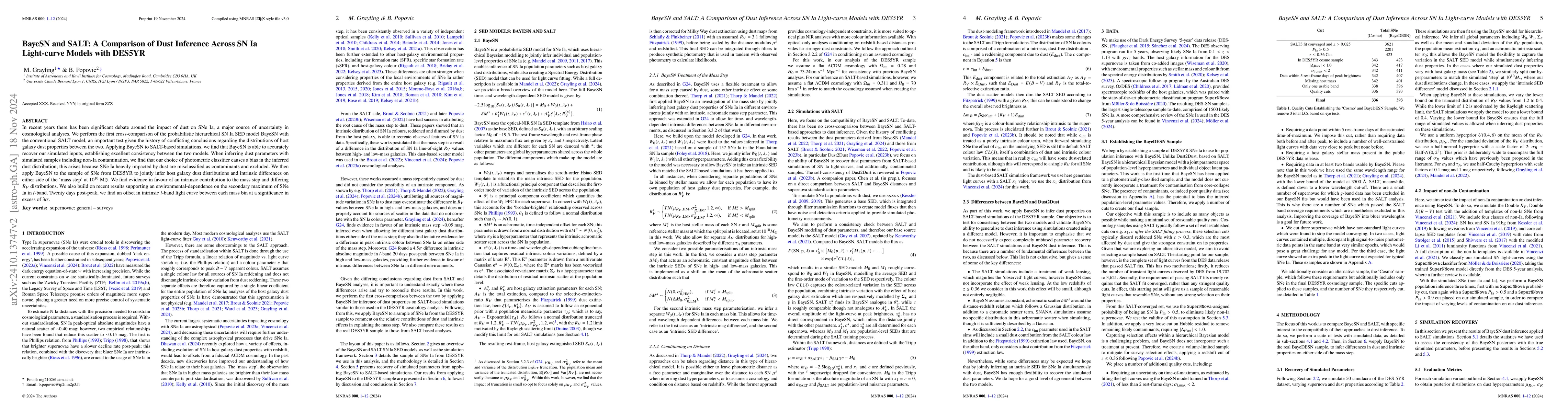 Thumbnail for BayeSN and SALT: A Comparison of Dust Inference Across SN Ia Light-curve
  Models with DES5YR