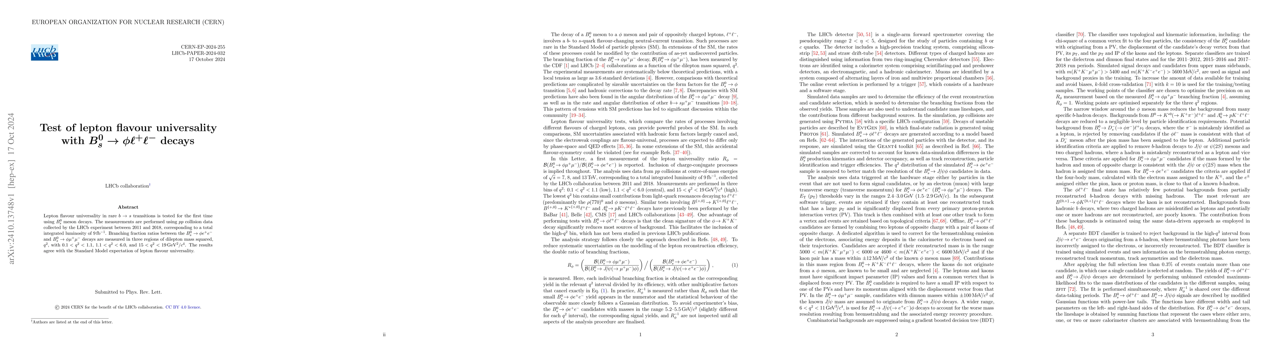 Thumbnail for Test of lepton flavour universality with $B_s^0 \rightarrow φ
  \ell^+\ell^-$ decays