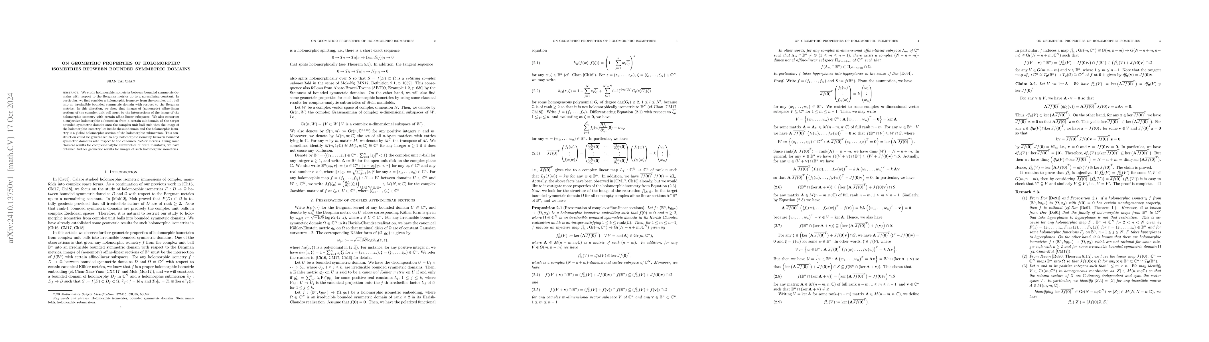 Thumbnail for On geometric properties of holomorphic isometries between bounded
  symmetric domains