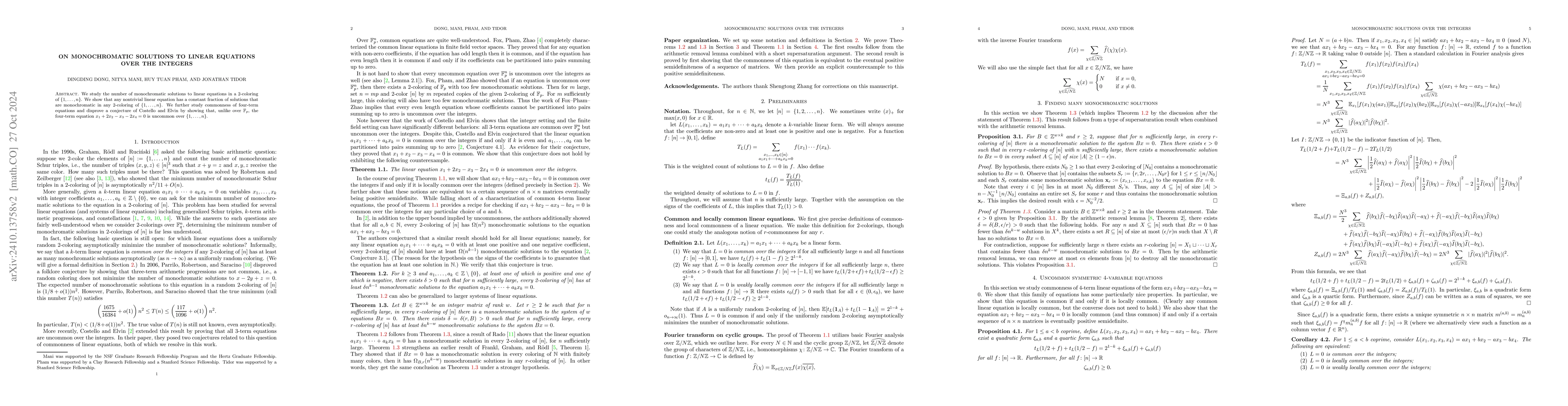 Thumbnail for On monochromatic solutions to linear equations over the integers