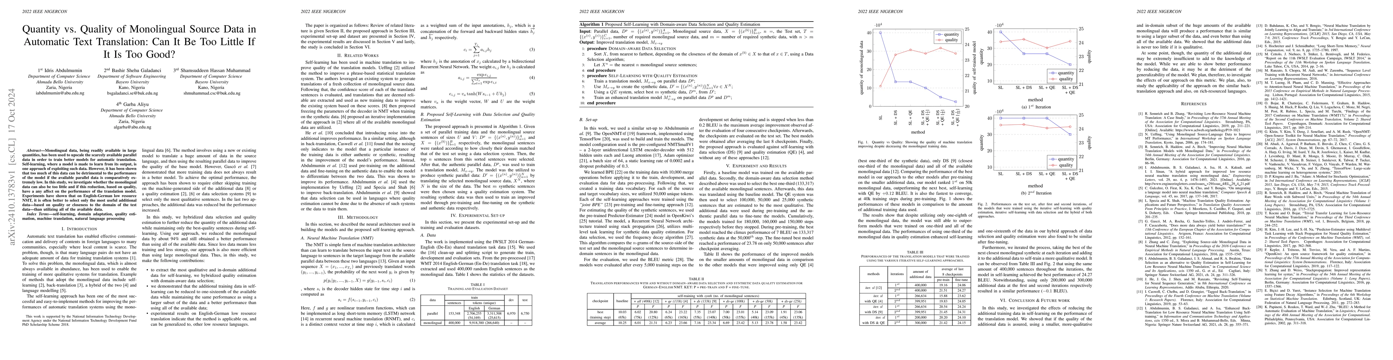Thumbnail for Quantity vs. Quality of Monolingual Source Data in Automatic Text
  Translation: Can It Be Too Little If It Is Too Good?