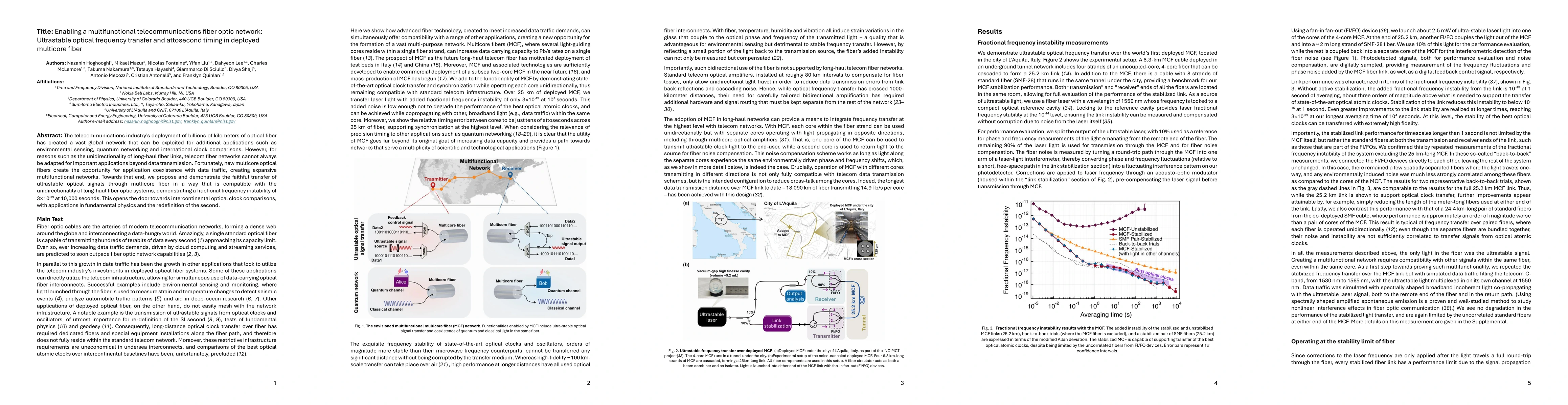 Thumbnail for Enabling a multifunctional telecommunications fiber optic network:
  Ultrastable optical frequency transfer and attosecond timing in deployed
  multicore fiber