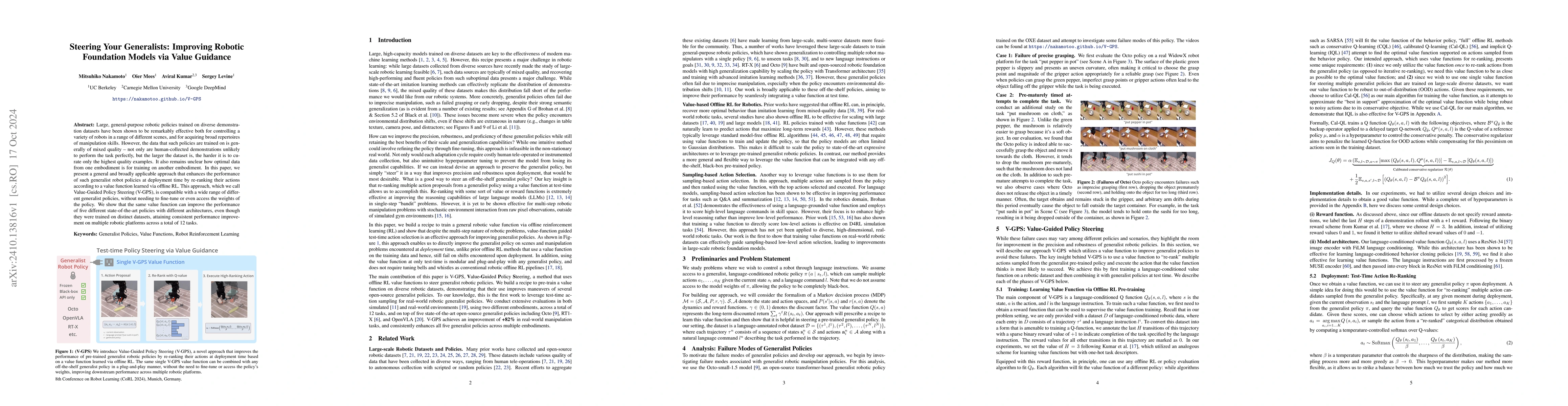 Thumbnail for Steering Your Generalists: Improving Robotic Foundation Models via Value
  Guidance