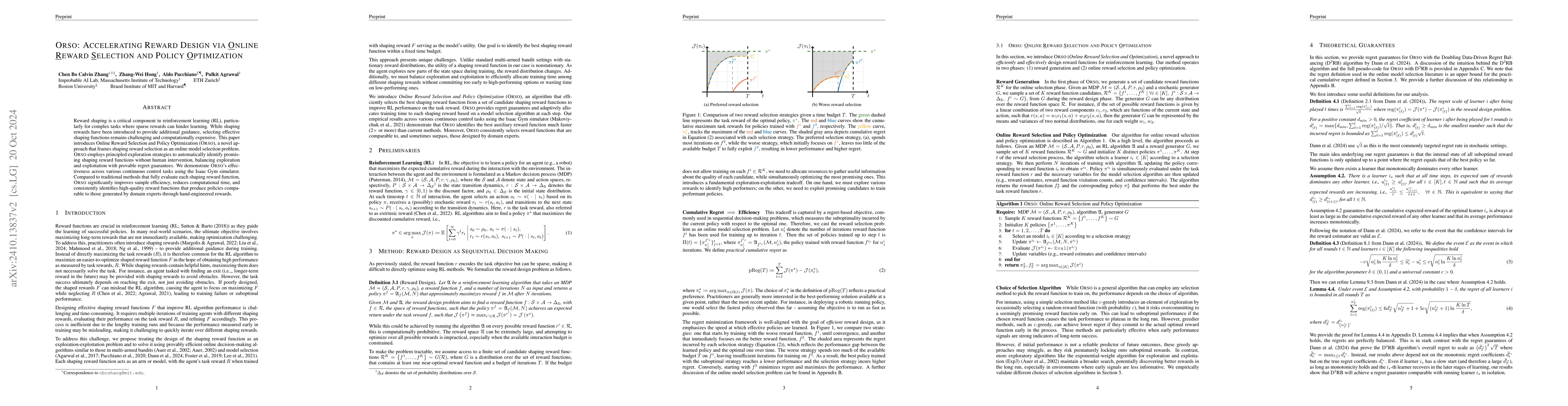 Thumbnail for ORSO: Accelerating Reward Design via Online Reward Selection and Policy
  Optimization