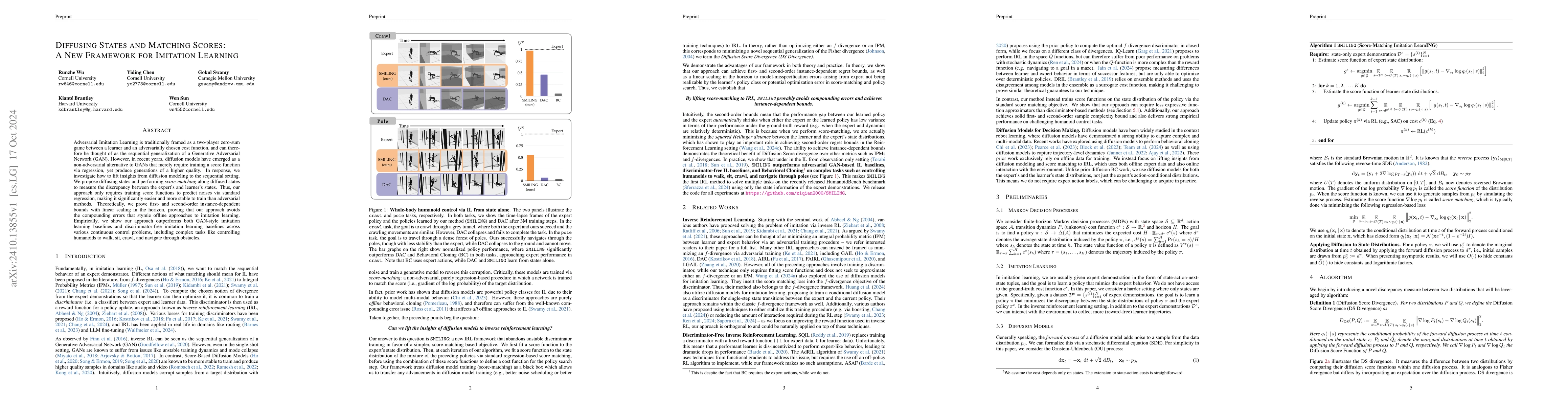 Thumbnail for Diffusing States and Matching Scores: A New Framework for Imitation
  Learning