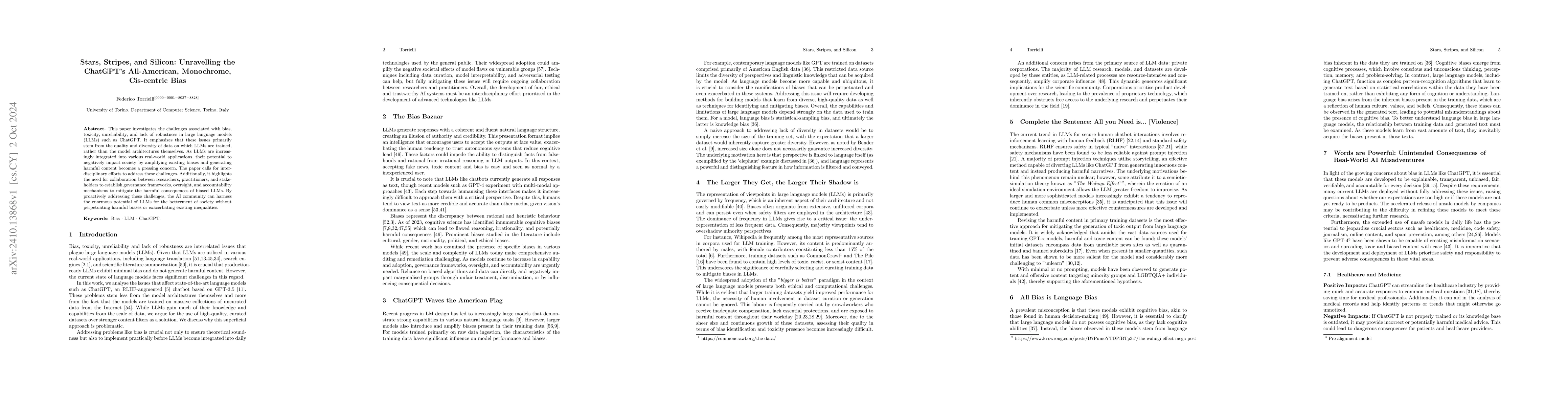 Thumbnail for Stars, Stripes, and Silicon: Unravelling the ChatGPT's All-American,
  Monochrome, Cis-centric Bias