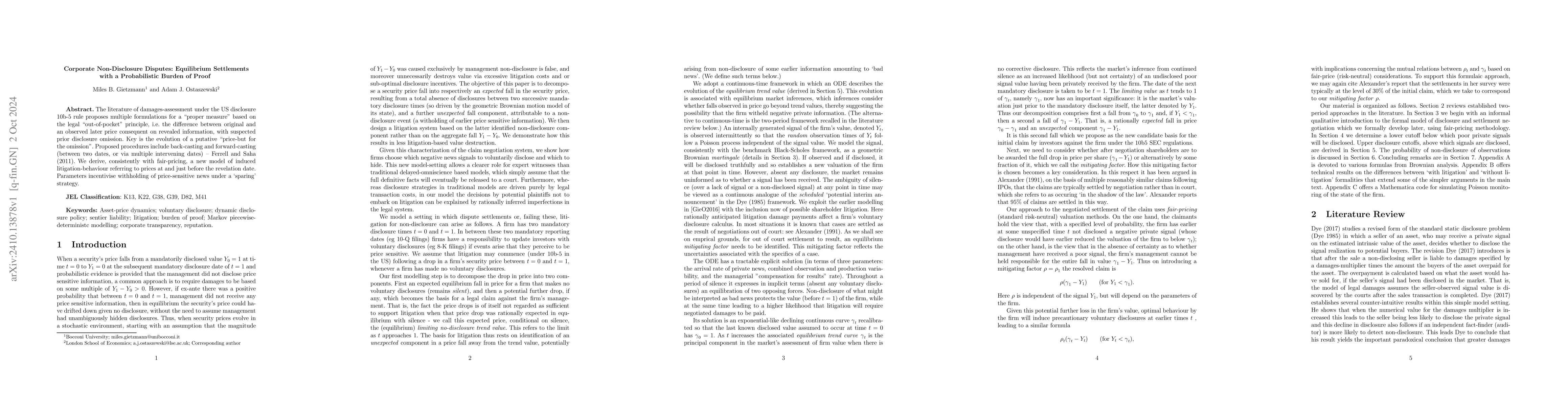 Thumbnail for Corporate Non-Disclosure Disputes: Equilibrium Settlements with a
  Probabilistic Burden of Proof