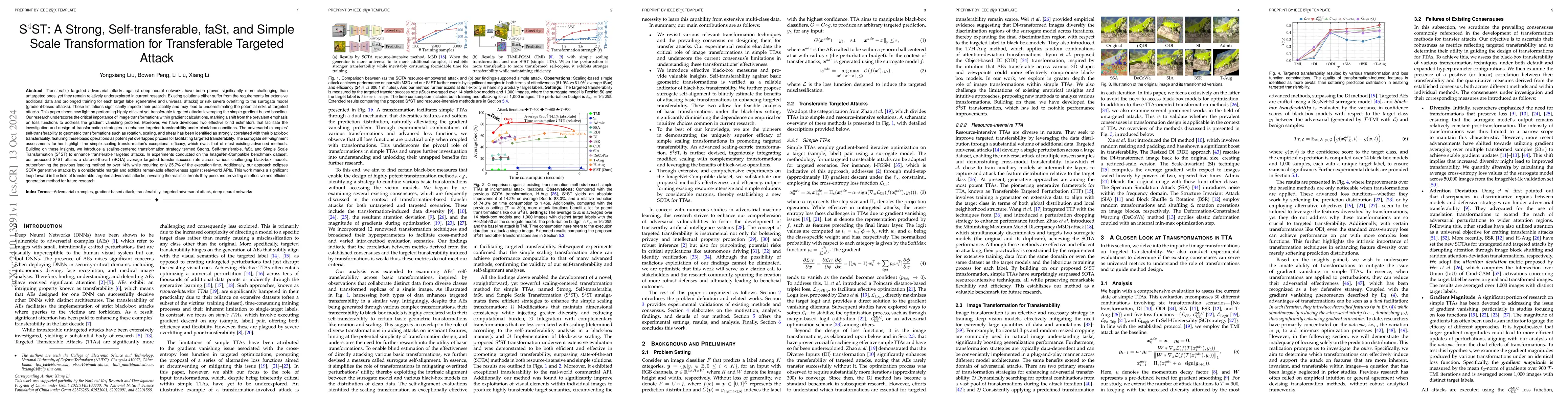 Thumbnail for S$^4$ST: A Strong, Self-transferable, faSt, and Simple Scale
  Transformation for Transferable Targeted Attack