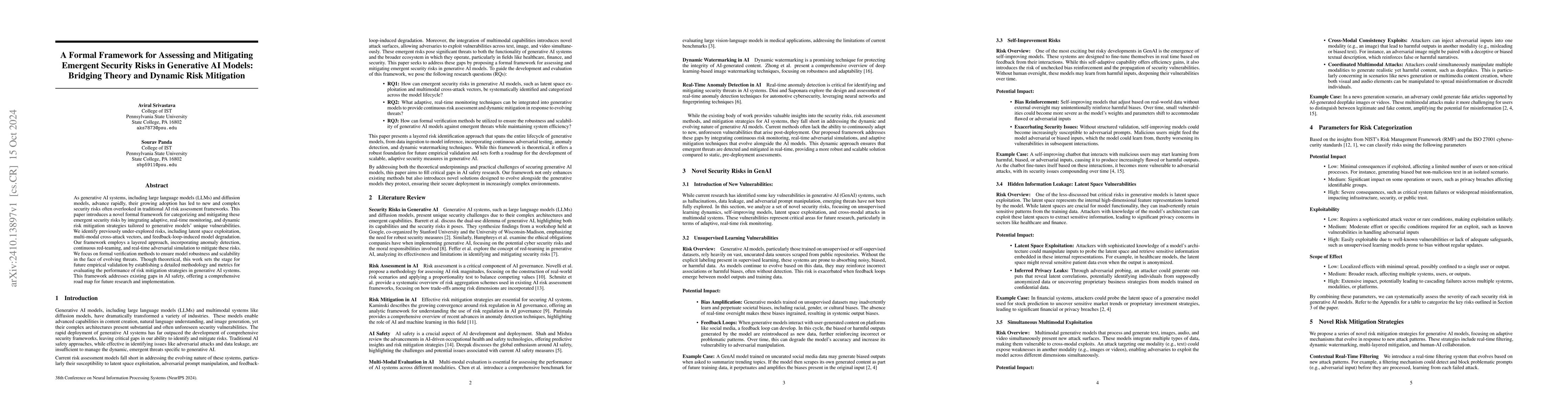 Thumbnail for A Formal Framework for Assessing and Mitigating Emergent Security Risks
  in Generative AI Models: Bridging Theory and Dynamic Risk Mitigation