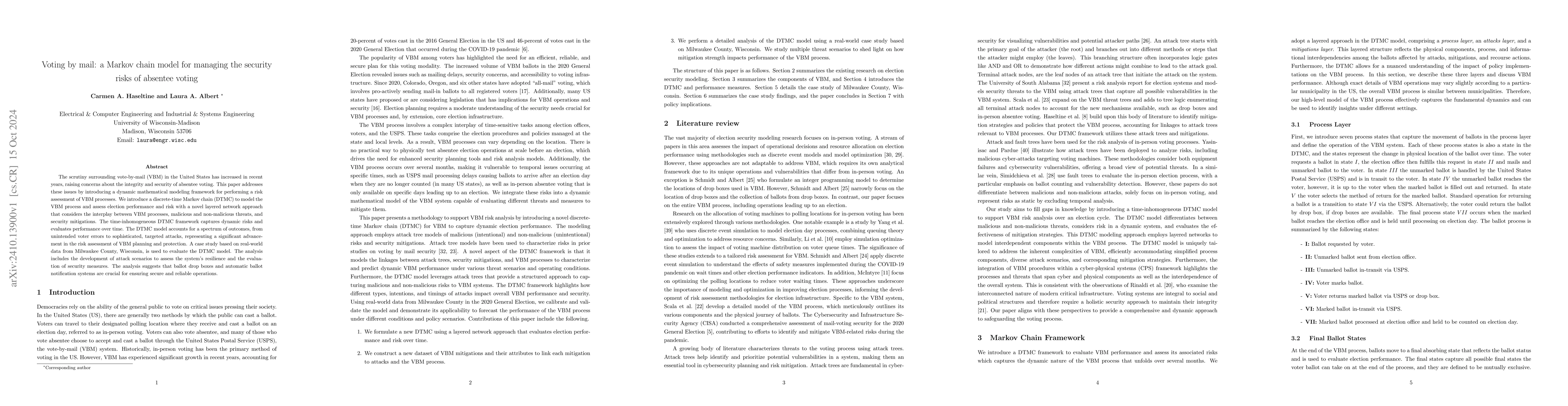 Thumbnail for Voting by mail: a Markov chain model for managing the security risks of
  election systems